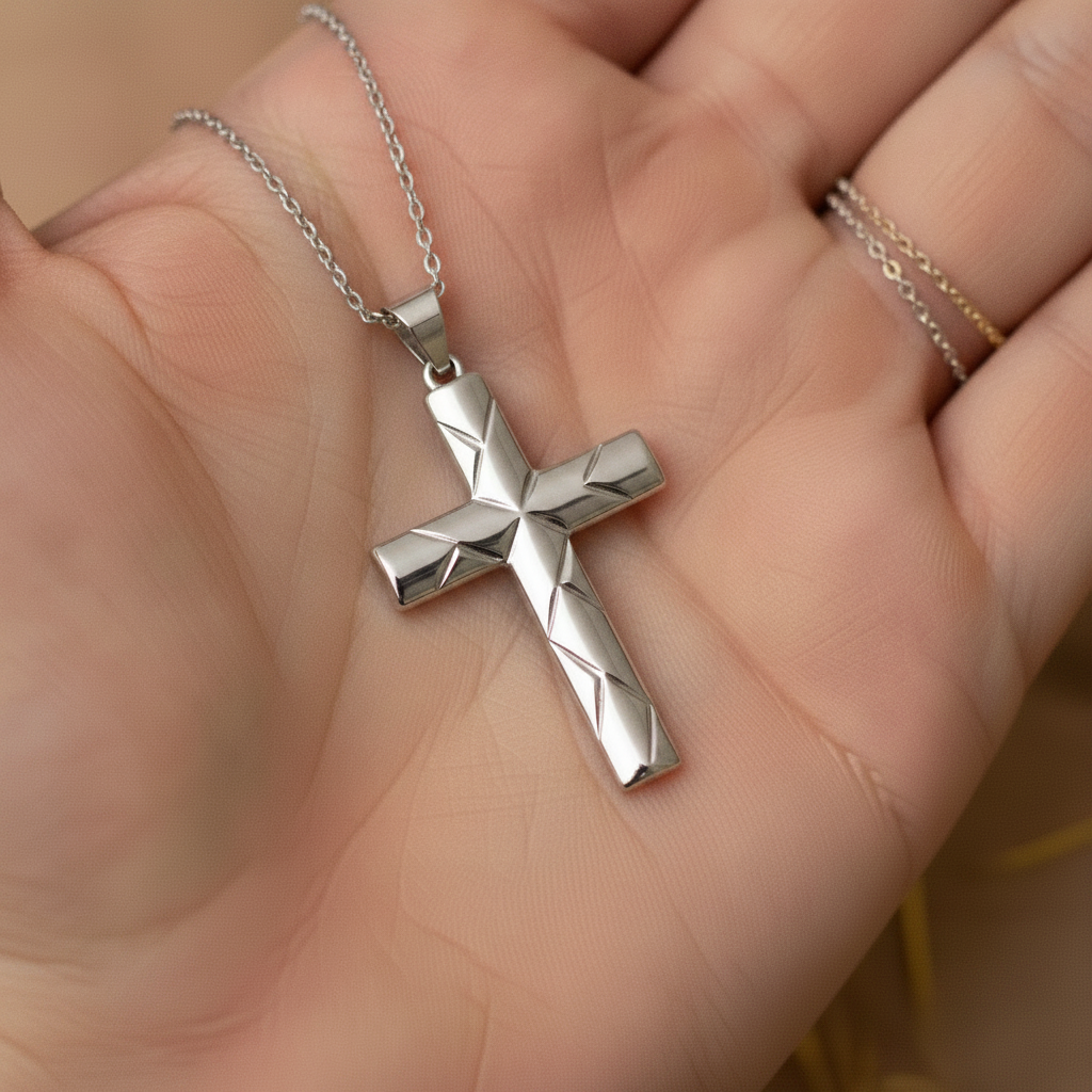 Faceted Cross Pendant Necklace in 9K gold with geometric engravings by MokshaGoldSculptures.