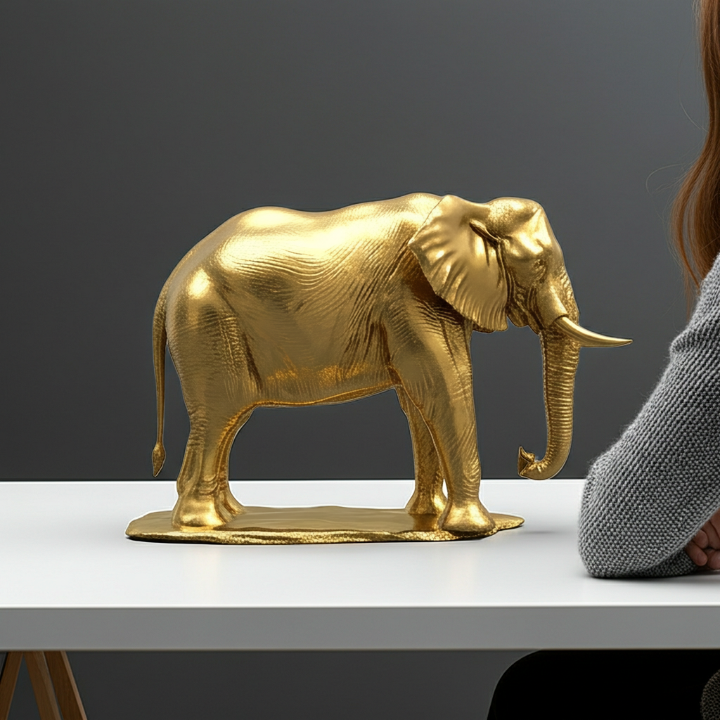 The Majestic Golden Elephant Statue in gold finish by MokshaGoldSculptures, handmade PLA 3D printed décor piece.
