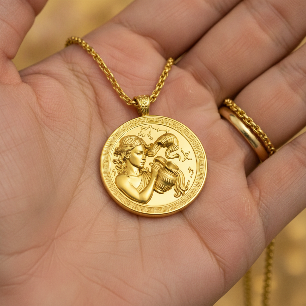 Aquarius Zodiac Pendant Necklace in 9k gold, engraved medallion by MokshaGoldSculptures.