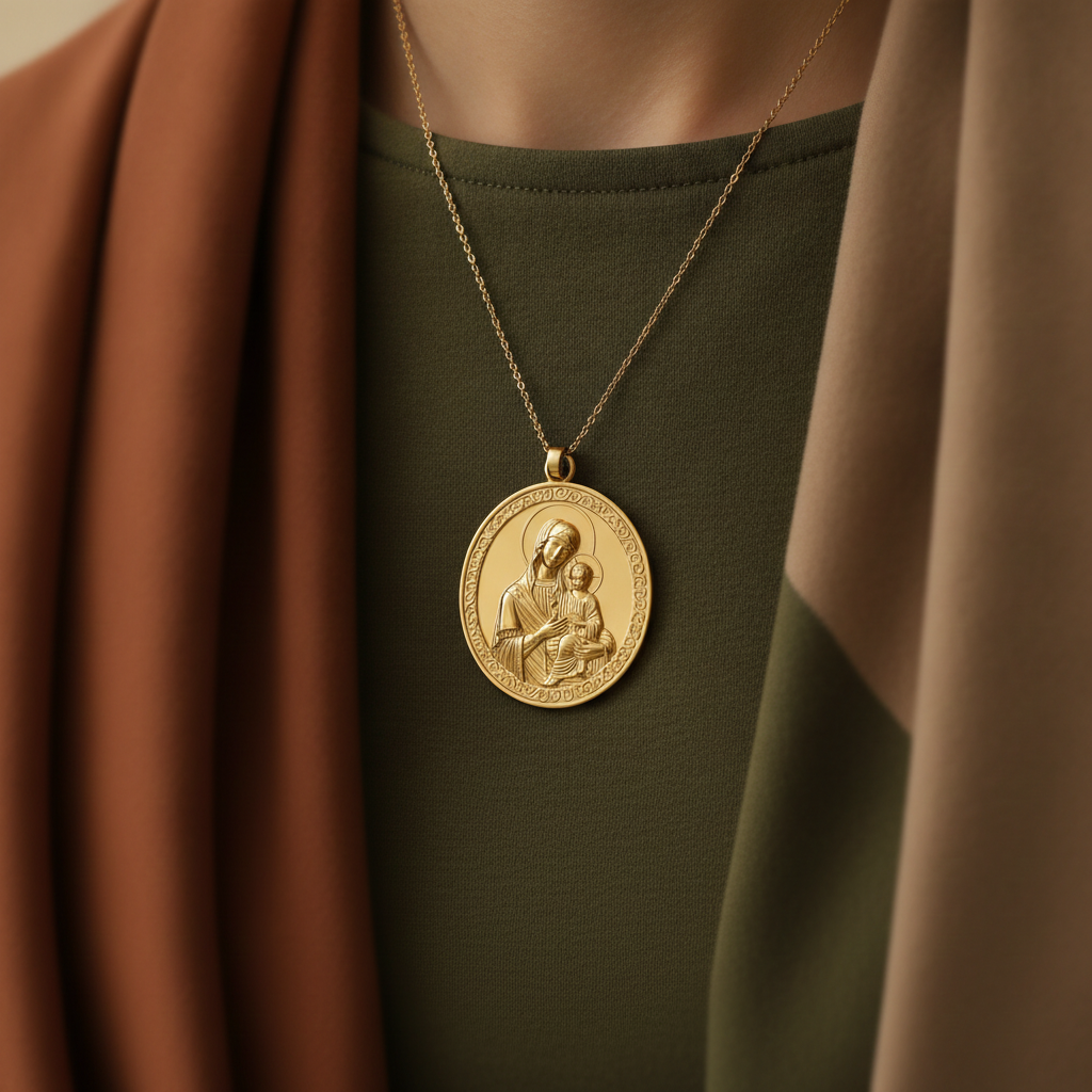 Virgin Mary & Child Coin Pendant Necklace | Blessed Mother Medallion | Christian Jewelry in 18K Gold, Sterling Silver or Yellow Brass