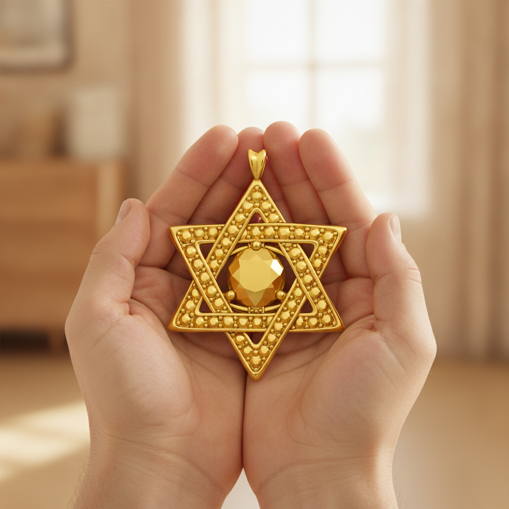 Star of David Pendant Necklace in 18K gold by MokshaGoldSculptures, held in softly lit hands, Sacred Geometry collection.