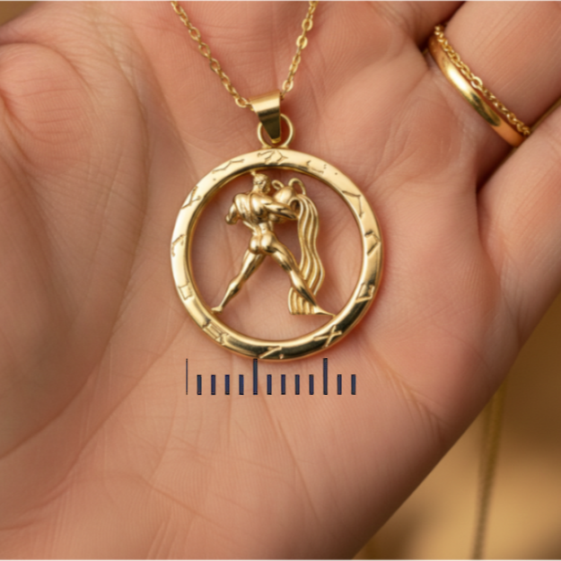 25mm Aquarius Zodiac Pendant Necklace, Men's Water Bearer Necklace, 9K Gold, Sterling Silver or Brass, Astrology Jewellery Gift