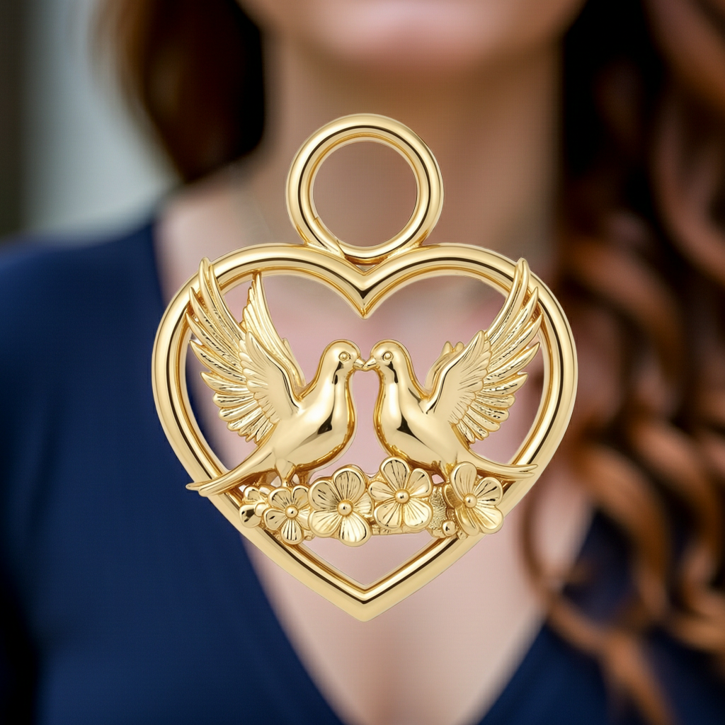 Solid Gold Heart and Dove Pendant - Romantic Love Bird Charm Necklace