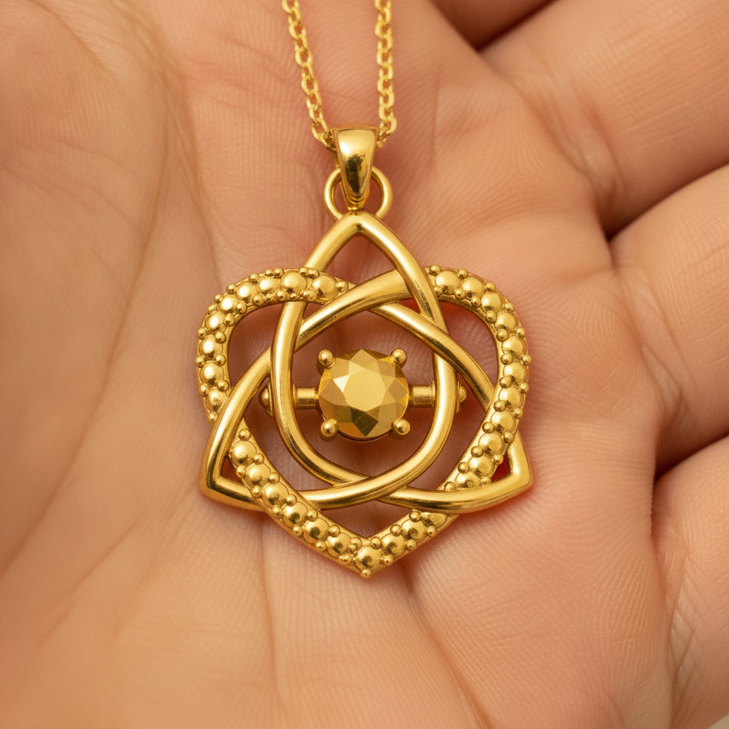Celtic Trinity Knot Heart Emerald Pendant Necklace in 9K gold by MokshaGoldSculptures, elegant handmade loops.