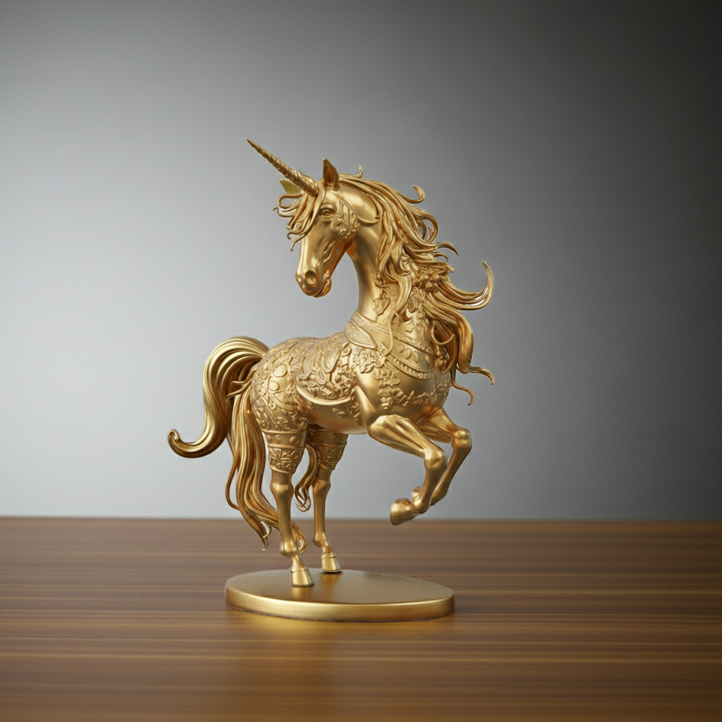 The Golden Unicorn Statue 250mm in metallic gold finish by MokshaGoldSculptures on engraved wood surface.