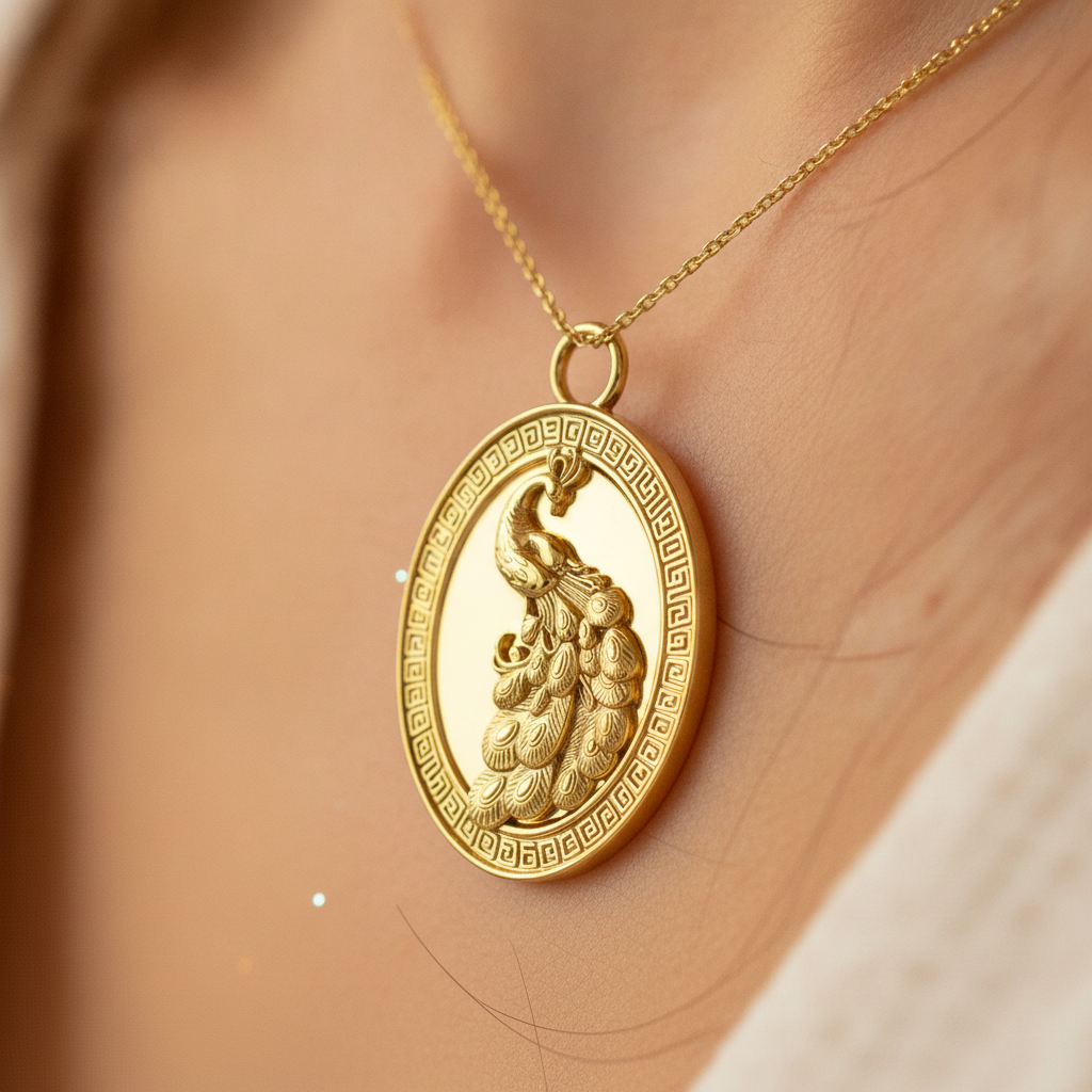 Gothic Peacock Coin Pendant Necklace | 9K Gold, Sterling Silver & Polished Yellow Brass | Art Nouveau Peacock Medallion | Nature Bird Jewelry | Gift for Her