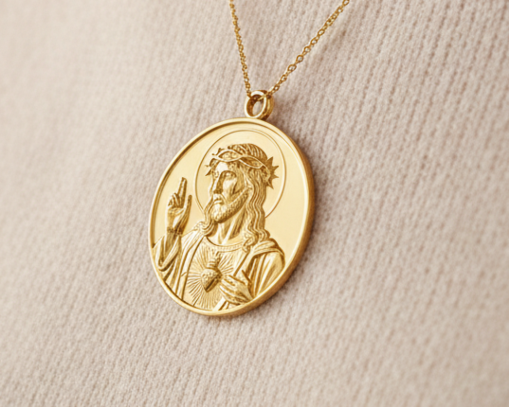 Jesus Sacred Heart Coin Pendant Necklace | 18K Gold Plated, Sterling Silver or Polished Brass | Christian Medallion | Catholic Religious Jewellery | 30mm