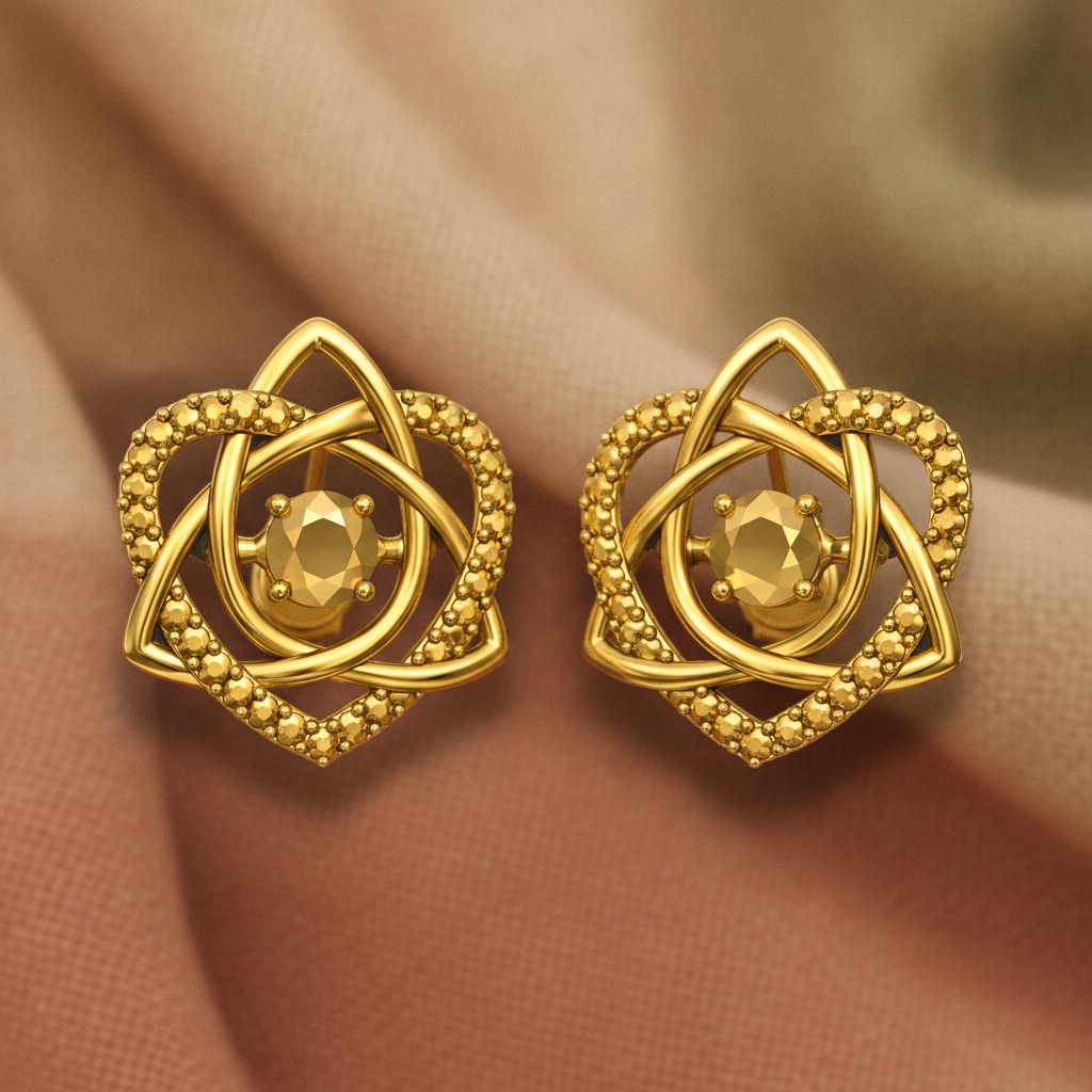 Celtic Trinity Knot Heart Stud Earrings by MokshaGoldSculptures in 9K gold, sterling silver, or brass on soft fabric.