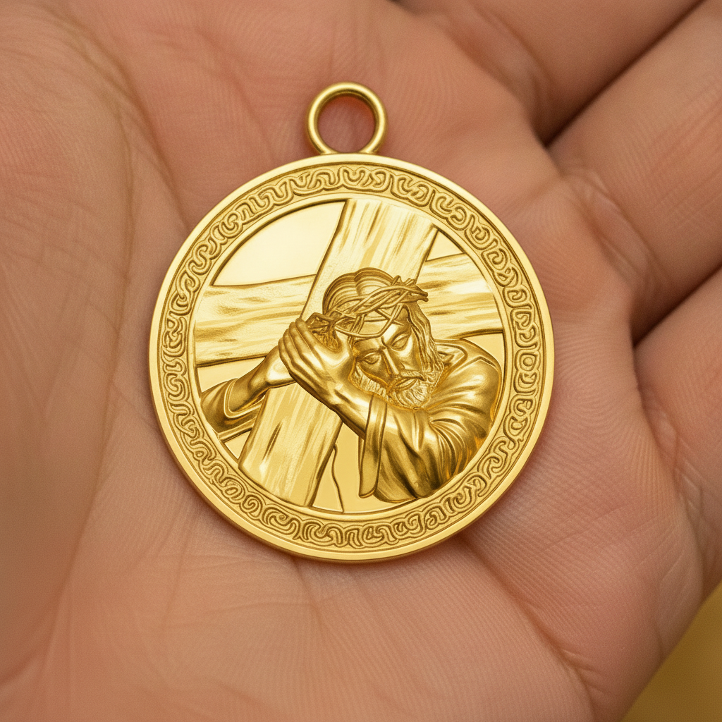 The Jesus Carrying the Cross Medallion Pendant in 9k gold, silver, and brass by MokshaGoldSculptures.