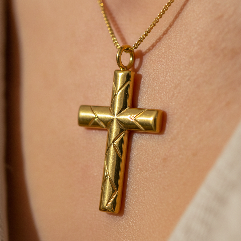 Faceted cross pendant necklace in 9K gold, 925 silver, or yellow brass by MokshaGoldSculptures on delicate chain.