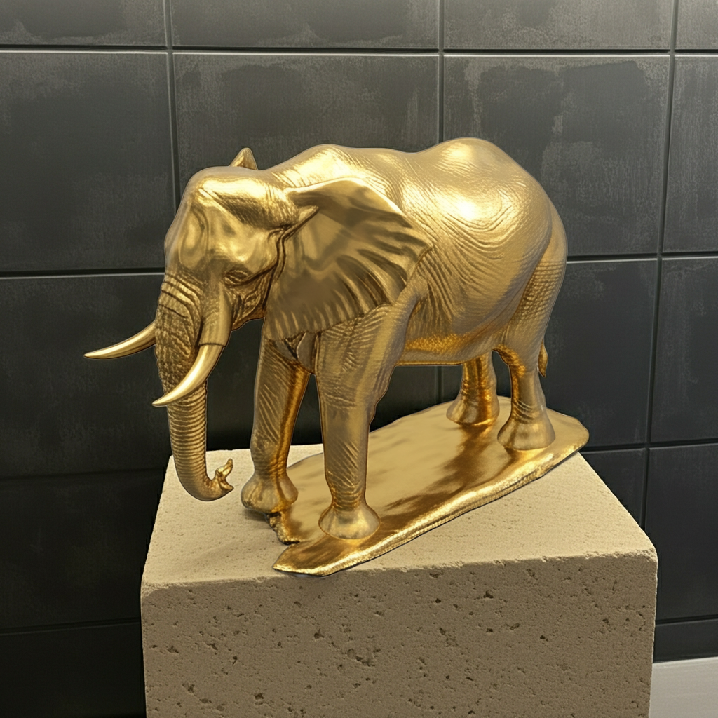 The Majestic Golden Elephant Statue by MokshaGoldSculptures, handmade PLA gold finish, shown on a beige pedestal.