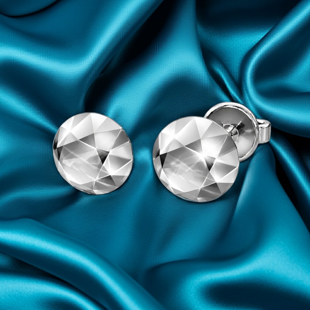 Faceted Round Stud Earring – 10mm Geometric Dome Stud in Polished Silver / Polished Brass