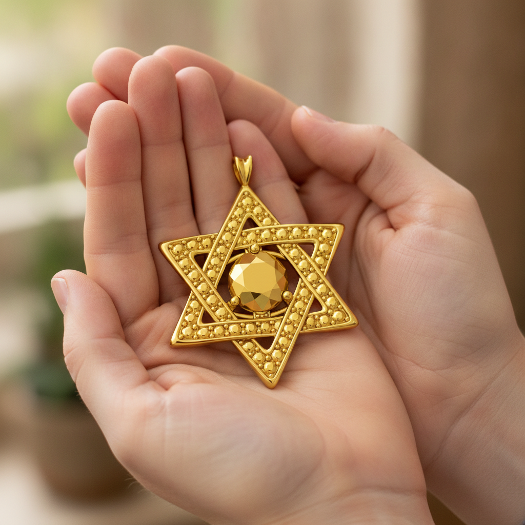 MokshaGoldSculptures Star of David Pendant Necklace in polished yellow brass, cupped in hands.