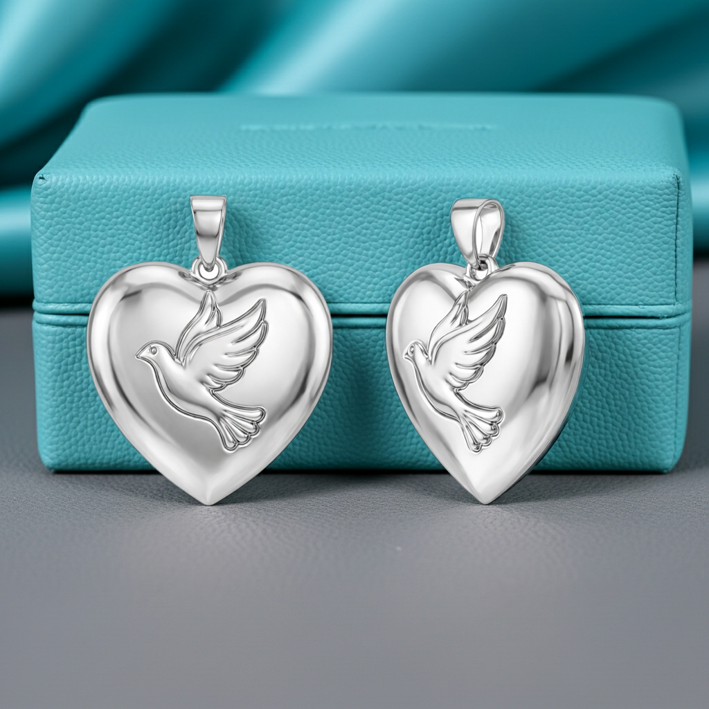 Holy Spirit Dove Heart Pendant – 30mm Polished Silver or Brass – Christian Faith Necklace, Religious 3D Relief Charm