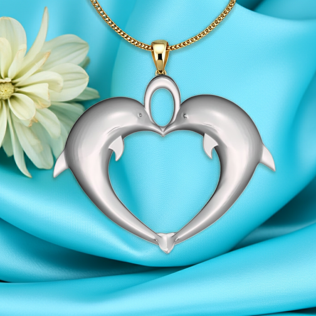 Double Dolphin Heart Pendant with Integrated Bail – Polished Silver or Brass – 29 x 24 mm