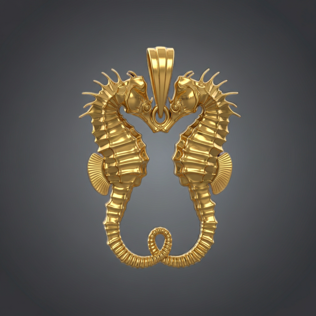 The Seahorse Couple Pendant Necklace in gold by MokshaGoldSculptures, entwined tails on dark gray background.