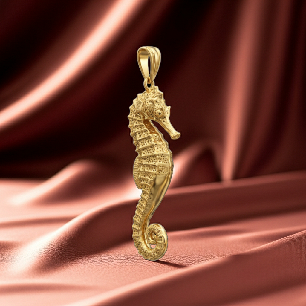 The Seahorse Pendant Necklace in polished gold by MokshaGoldSculptures, displayed on rose satin fabric.