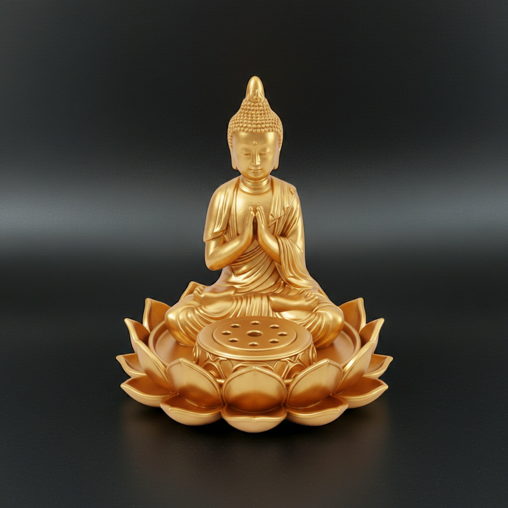 The Lotus Buddha Incense Holder in gold finish by MokshaGoldSculptures: cross-legged Buddha on lotus, round base.