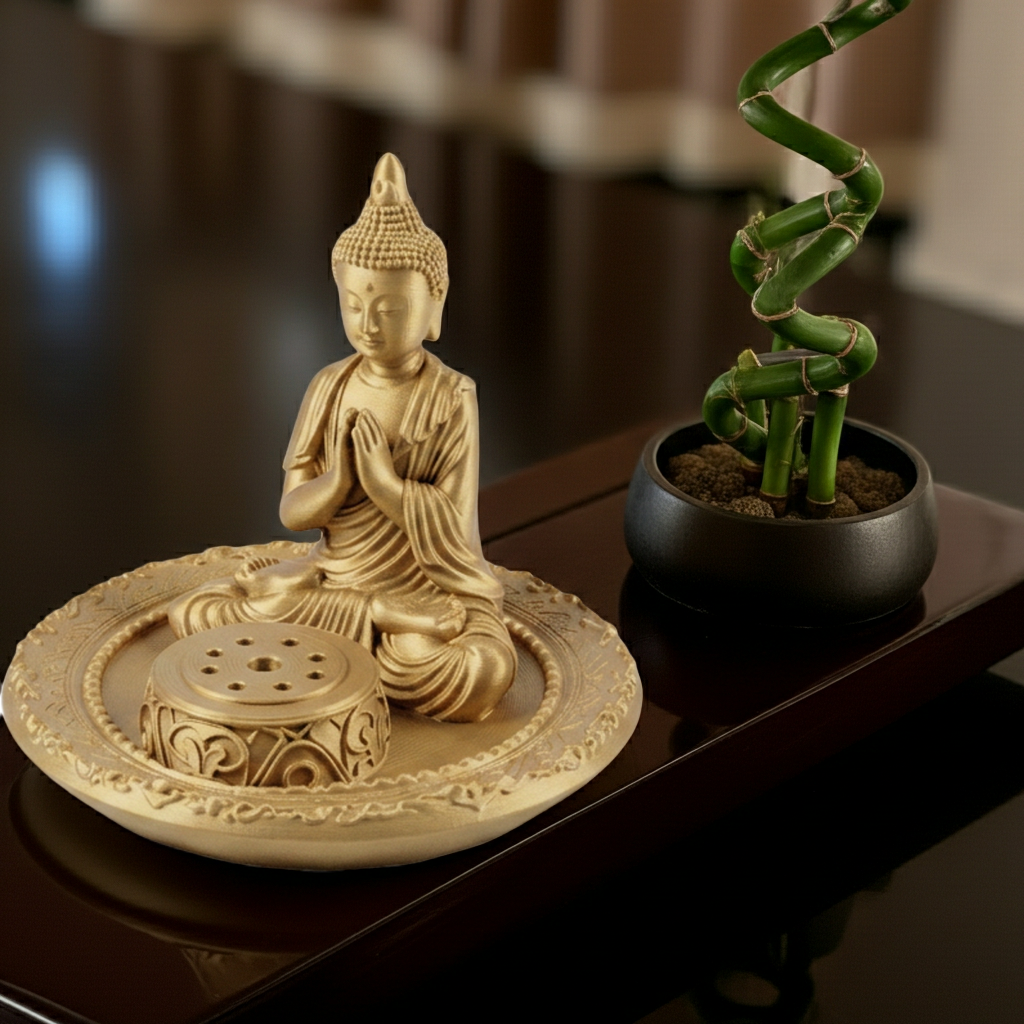 Buddha Incense Holder Tray in gold PLA by MokshaGoldSculptures, elegant finish, shown beside potted bamboo.