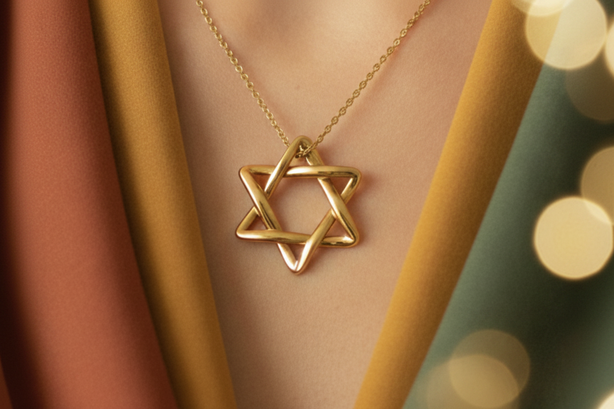 The Interlaced Star of David Pendant Necklace in 18K gold by MokshaGoldSculptures on a delicate chain.