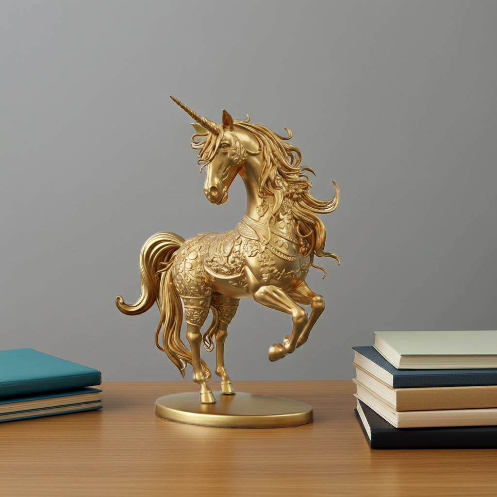 The Golden Unicorn Statue in gold finish by MokshaGoldSculptures, 3D printed sculpture beside books on a desk.