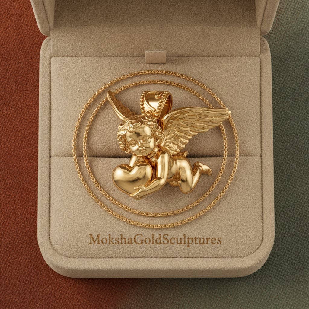 Golden Cherub with Heart Pendant Necklace | Angel of Love & Protection | 9K Gold, Sterling Silver or Polished Brass | Handmade Religious Jewelry Gift