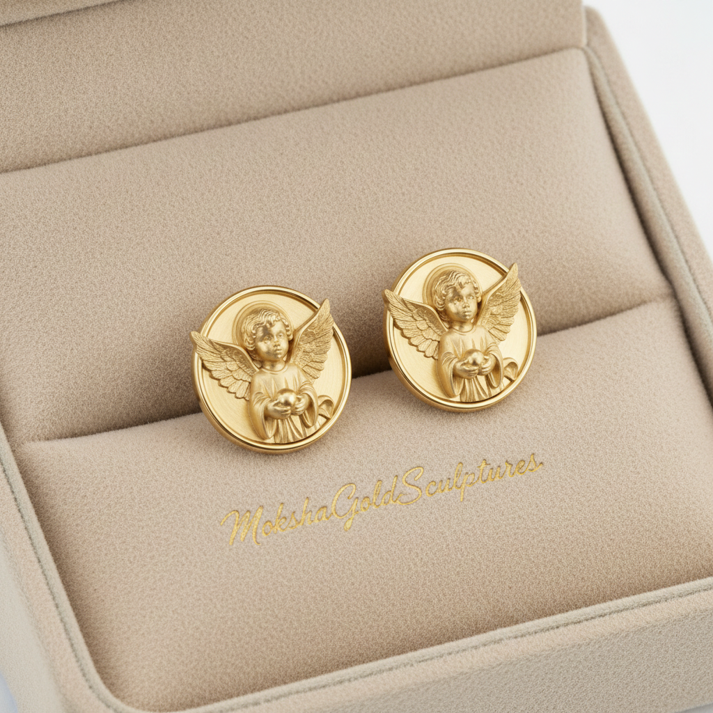 Angel Cherub Medallion Stud Earrings | 9K Gold, Sterling Silver or Brass | Celestial Angel Earrings | Religious Jewelry | Handmade Gift for Her