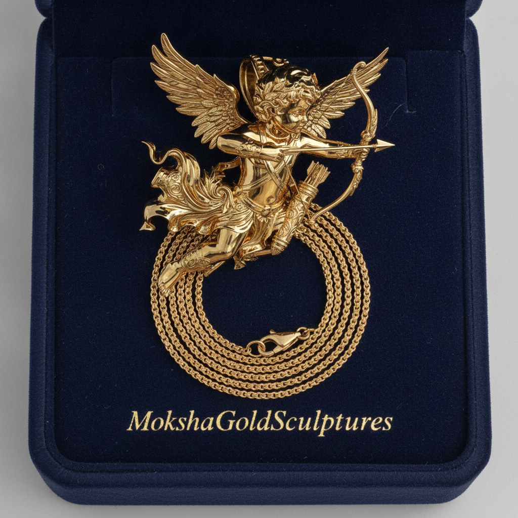Winged Cupid Archer Pendant Necklace | Cherub Angel with Bow & Arrow | Handmade in 9K Gold, Sterling Silver & Yellow Brass