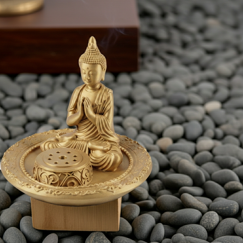 The Buddha Incense Holder Tray in gold, black, or silver resin by MokshaGoldSculptures, serene finish.
