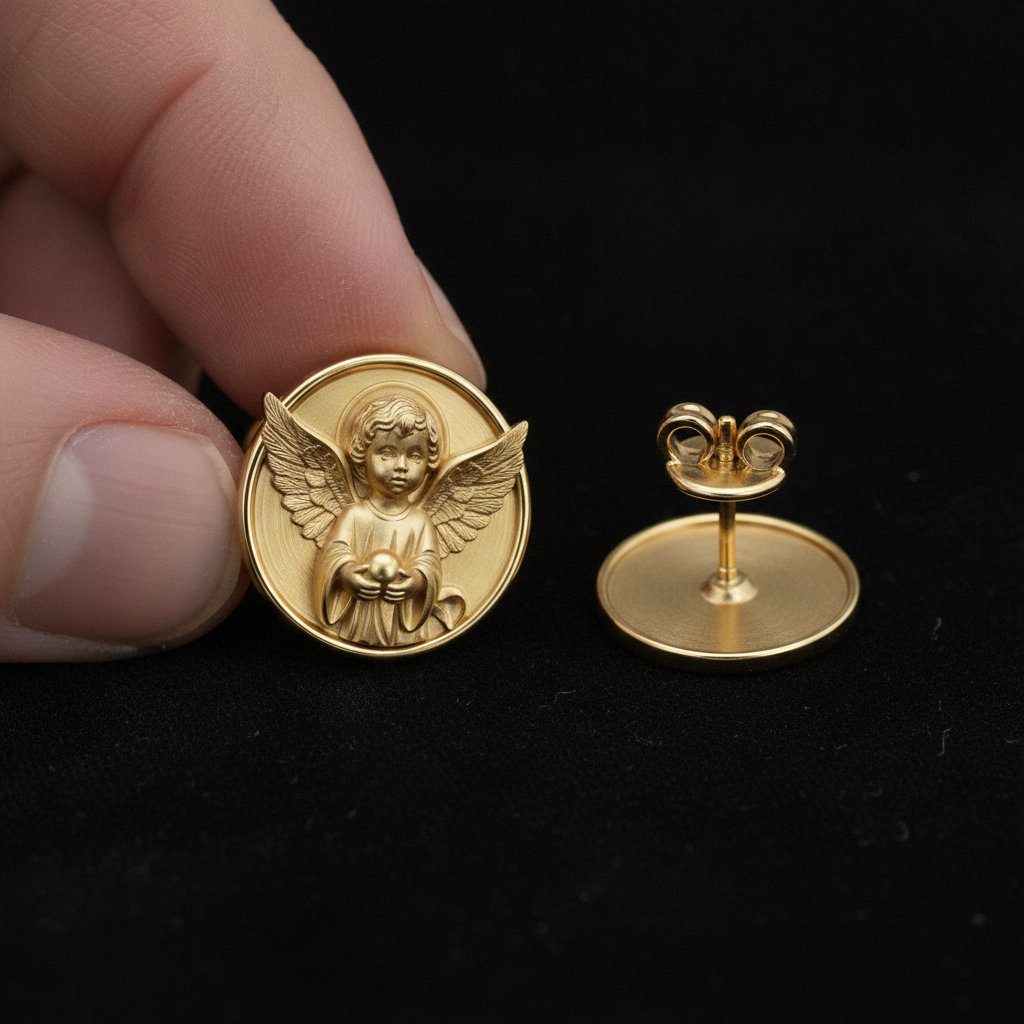 Angel Cherub Medallion Stud Earrings | 9K Gold, Sterling Silver or Brass | Celestial Angel Earrings | Religious Jewelry | Handmade Gift for Her