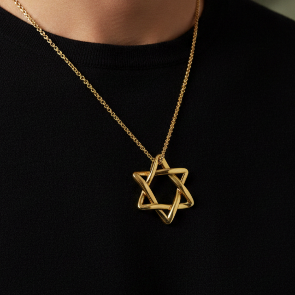 Interlaced Star of David Pendant Necklace in 18K gold and sterling silver by MokshaGoldSculptures.