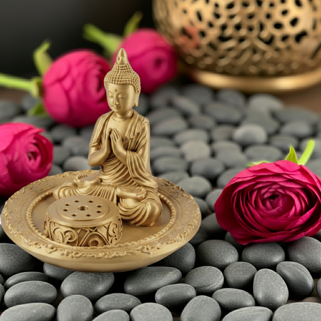 The Buddha Incense Holder Tray in gold, black, or silver resin by MokshaGoldSculptures on gray stones with pink roses.