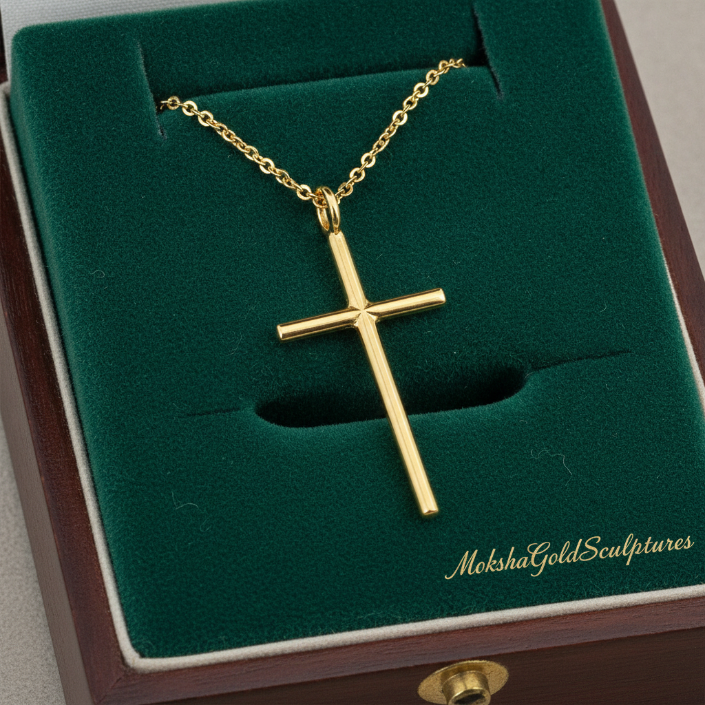 Minimalist Cross Pendant Necklace in 9K gold by MokshaGoldSculptures, on green velvet insert with gold script branding.