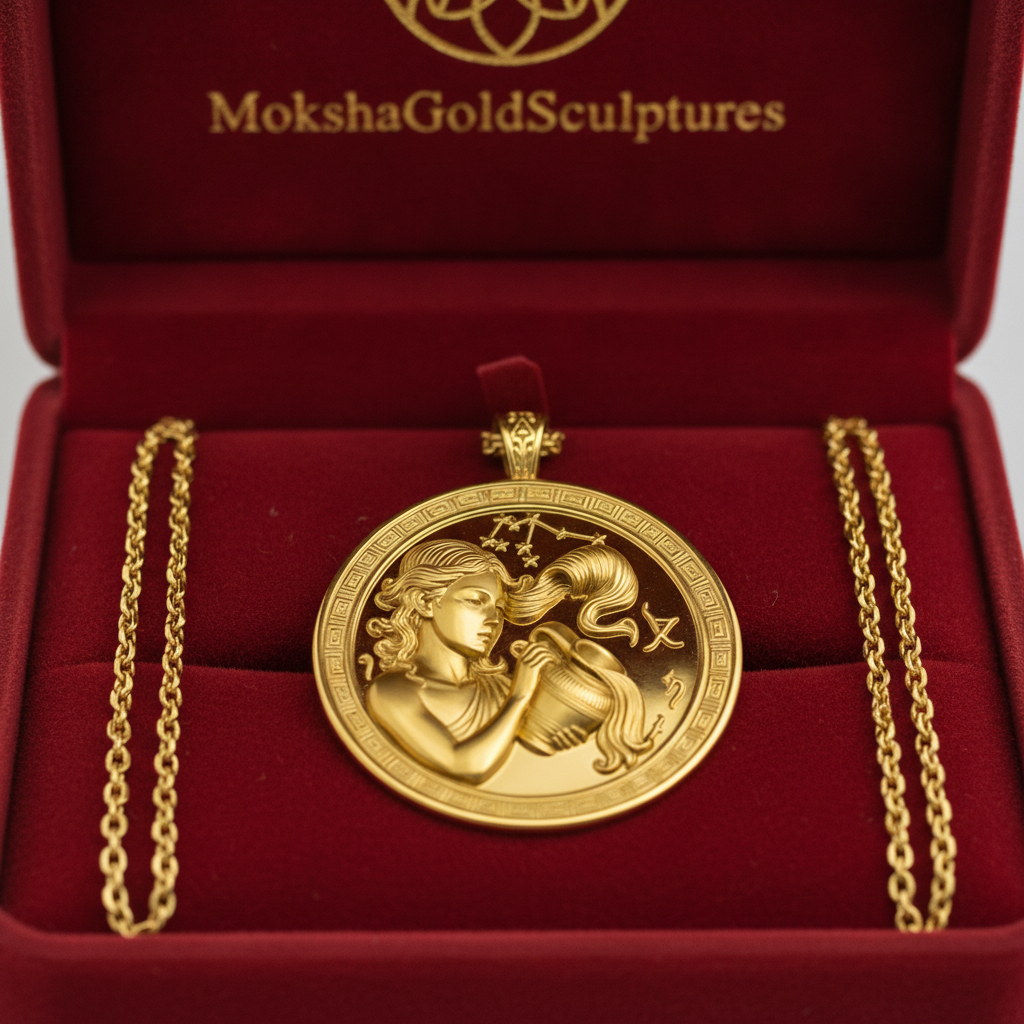 Aquarius Zodiac Pendant Necklace in 9k gold, sterling silver, or polished brass by MokshaGoldSculptures.