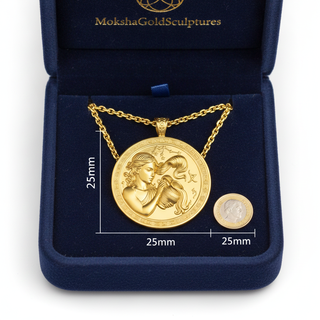 Aquarius Zodiac Medallion Necklace, 25mm Water Bearer Pendant, Greek Astrology Coin Necklace, 9K Gold, Sterling Silver or Yellow Brass, Zodiac Birthday Gift