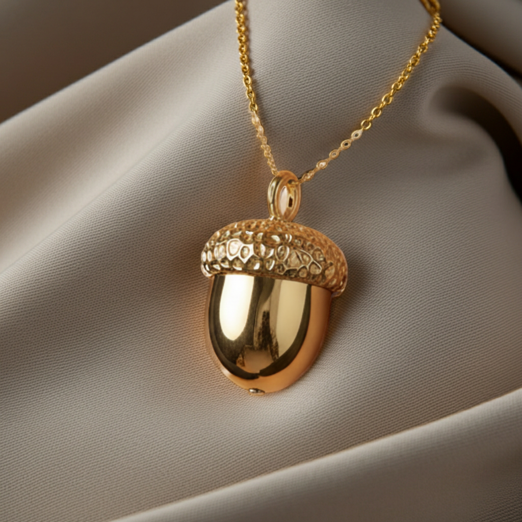The Gold Acorn Pendant Necklace in 24K gold plated finish by MokshaGoldSculptures on a delicate chain.