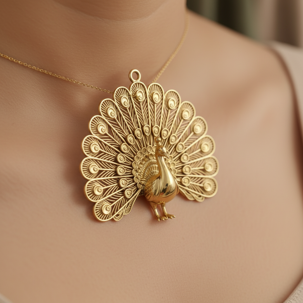 Peacock Pendant Necklace in 9K gold by MokshaGoldSculptures, featuring feather details against a blurred background.