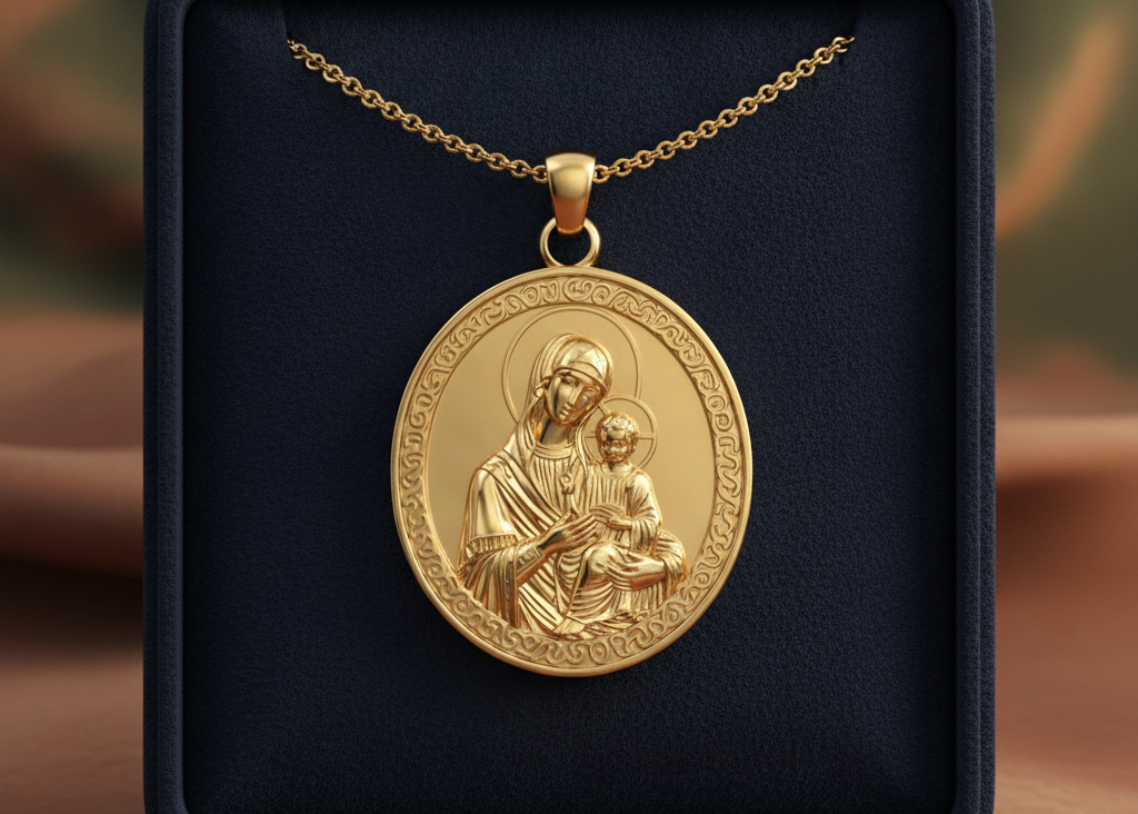 Virgin Mary & Child Coin Pendant Necklace | Blessed Mother Medallion | Christian Jewelry in 18K Gold, Sterling Silver or Yellow Brass