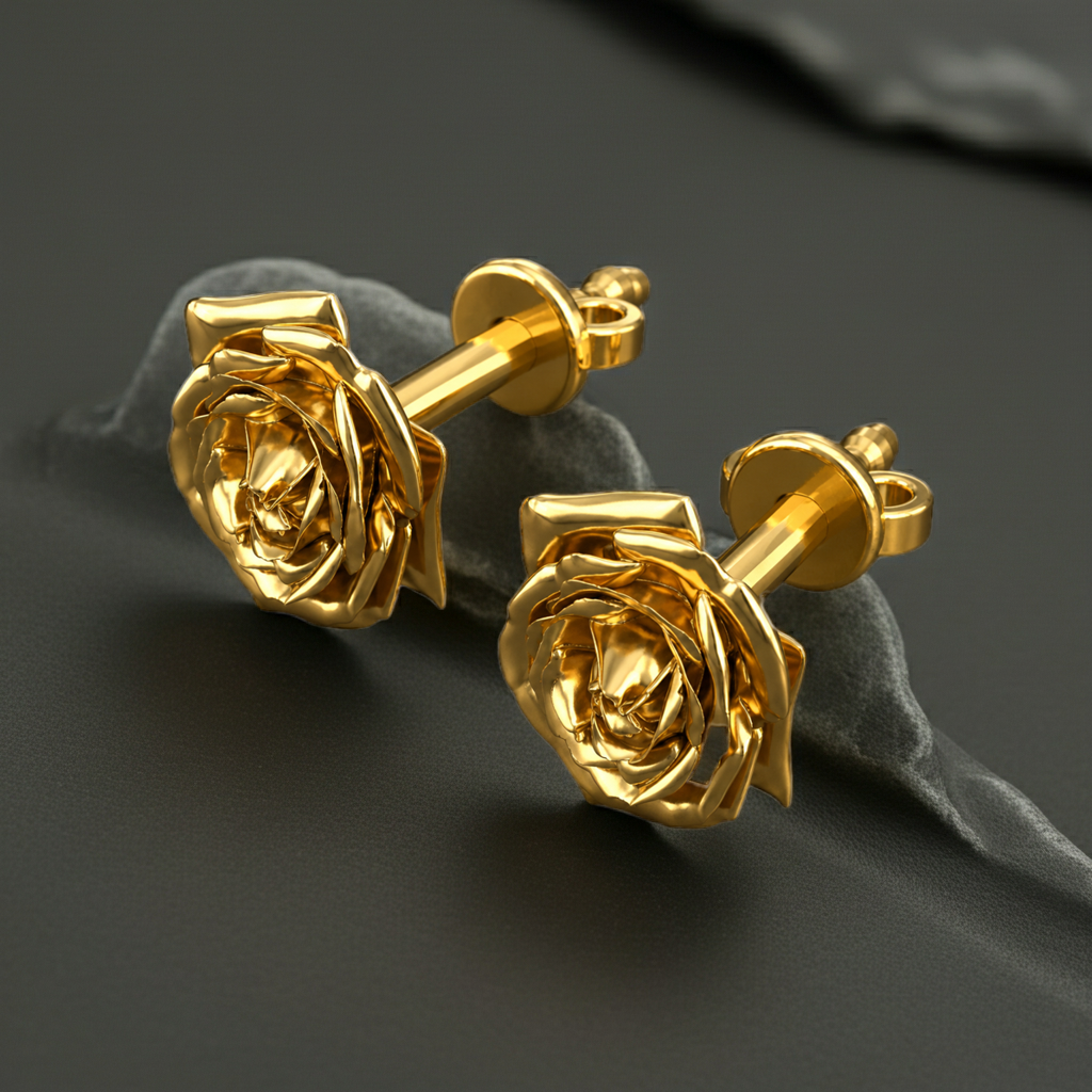 Polished Brass Rose Stud Earrings by MokshaGoldSculptures, sculptural floral studs with a high polish finish.