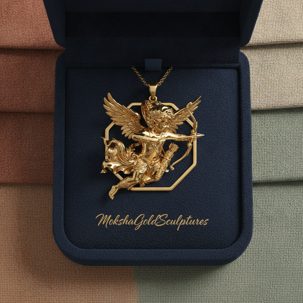 Winged Cupid Archer Pendant Necklace | Cherub Angel with Bow & Arrow | Handmade in 9K Gold, Sterling Silver & Yellow Brass