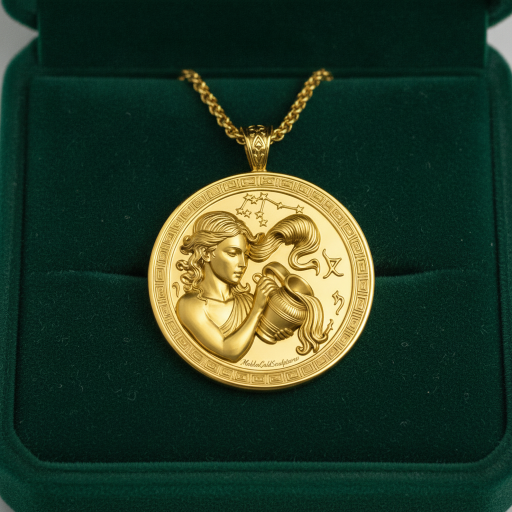 Aquarius Zodiac Pendant Necklace in 9K gold by MokshaGoldSculptures, celestial medallion with polished finish.