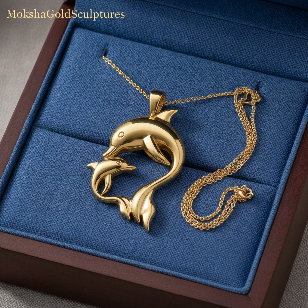 The Dolphin Mother & Baby Pendant Necklace in gold by MokshaGoldSculptures, on blue velvet in open box.