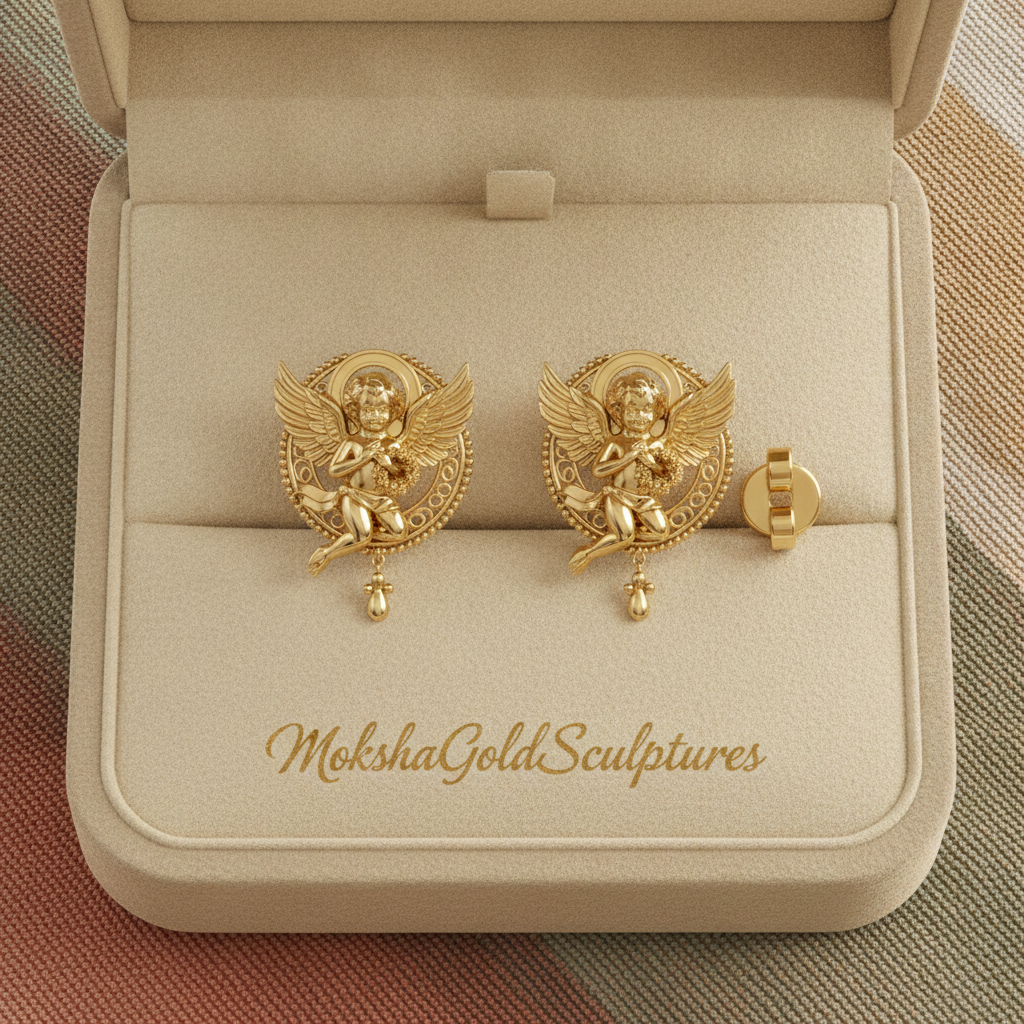 Golden Cherub Angel Stud Earrings | Guardian Angel Jewelry | 9K Gold, Sterling Silver & Yellow Brass | Handmade Religious Gift