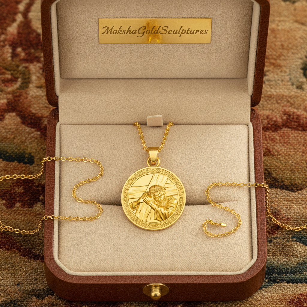 The Jesus Carrying the Cross Medallion Pendant in 9K gold, silver & brass by MokshaGoldSculptures.