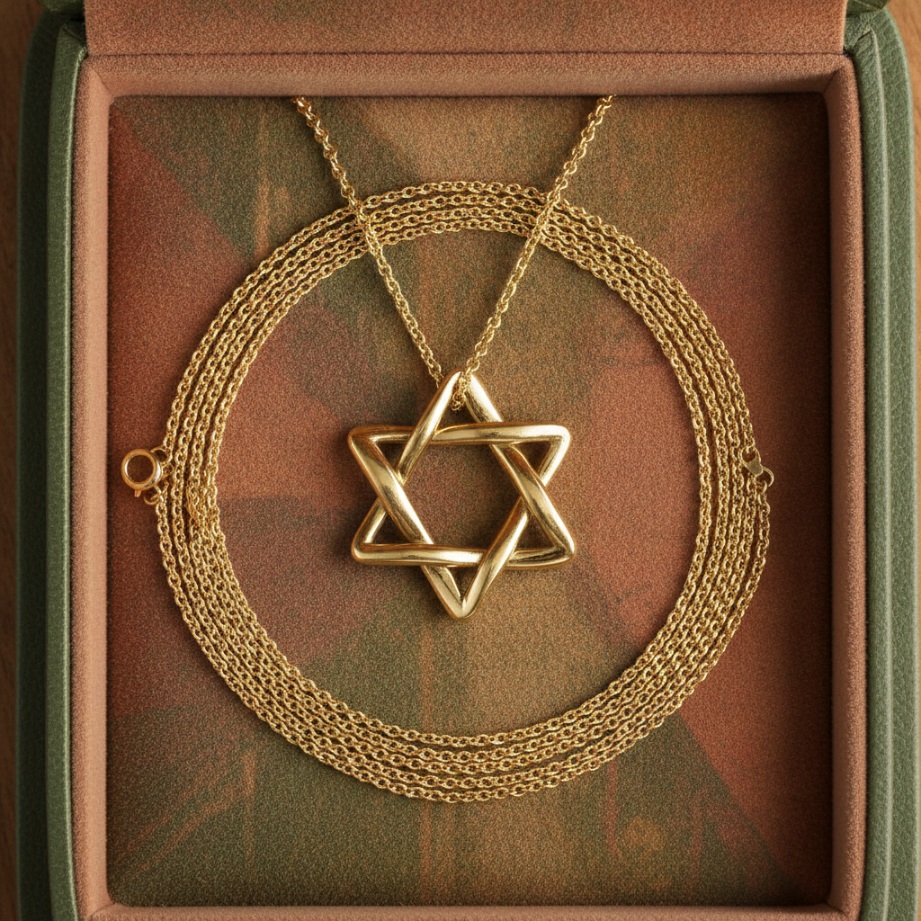 The Interlaced Star of David Pendant Necklace in 18K gold and sterling silver by MokshaGoldSculptures in gift box.