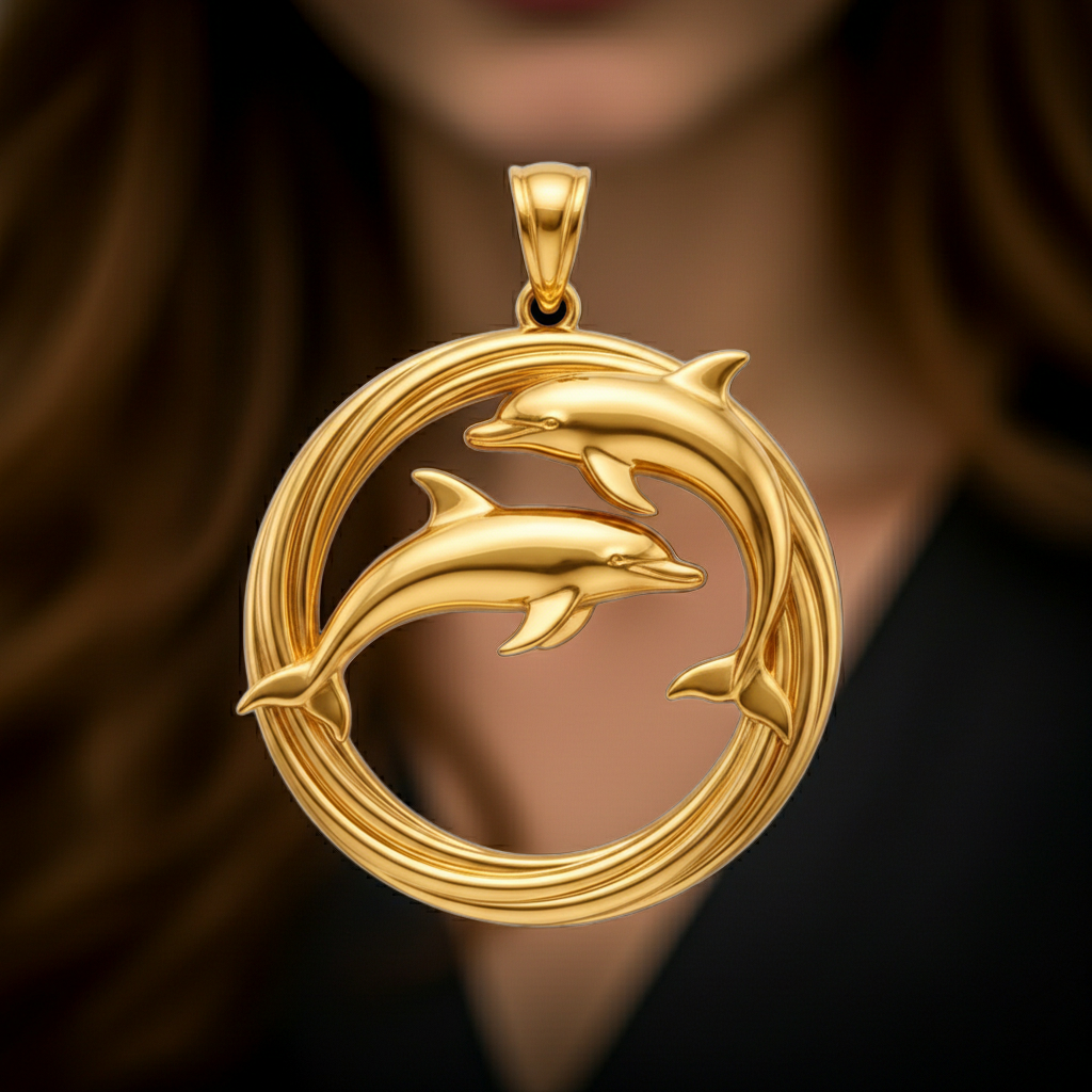 Dolphin Pendant Necklace in gold, ocean-inspired circle design by MokshaGoldSculptures, close-up on wearer.