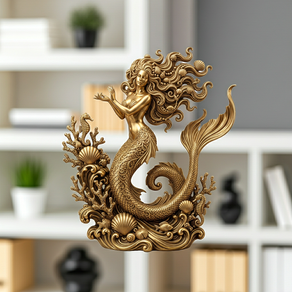 The Golden Mermaid Statue 250mm in polished gold by MokshaGoldSculptures, featuring wavy hair and seashell details.