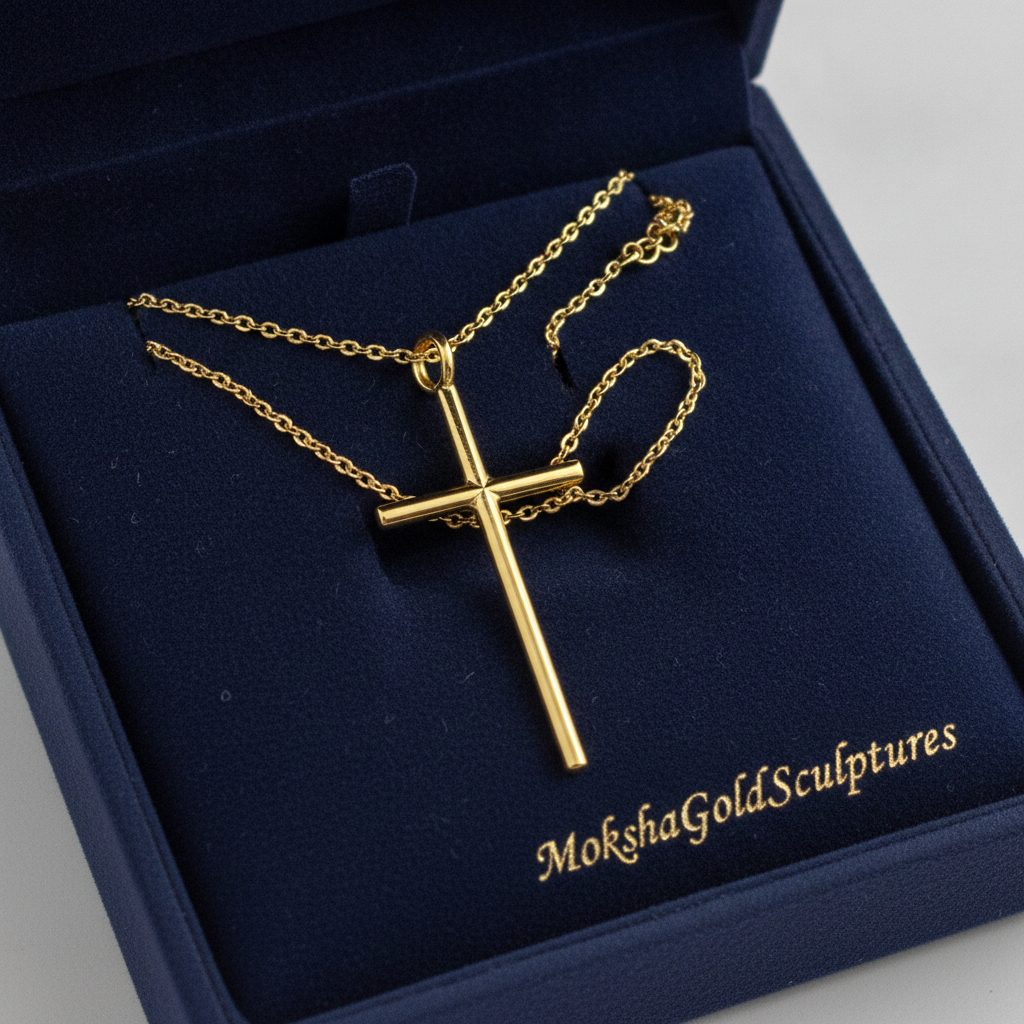 The Minimalist Cross Pendant Necklace in 9K gold by MokshaGoldSculptures, shown in a blue box with gold logo.