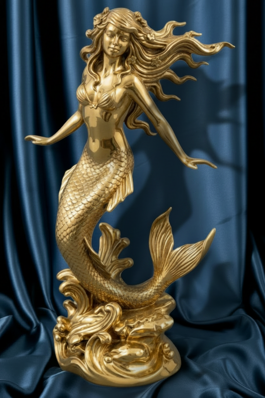 The Polished Brass Mermaid Sculpture in high polish by MokshaGoldSculptures, flowing hair and scaly tail, luxe finish.