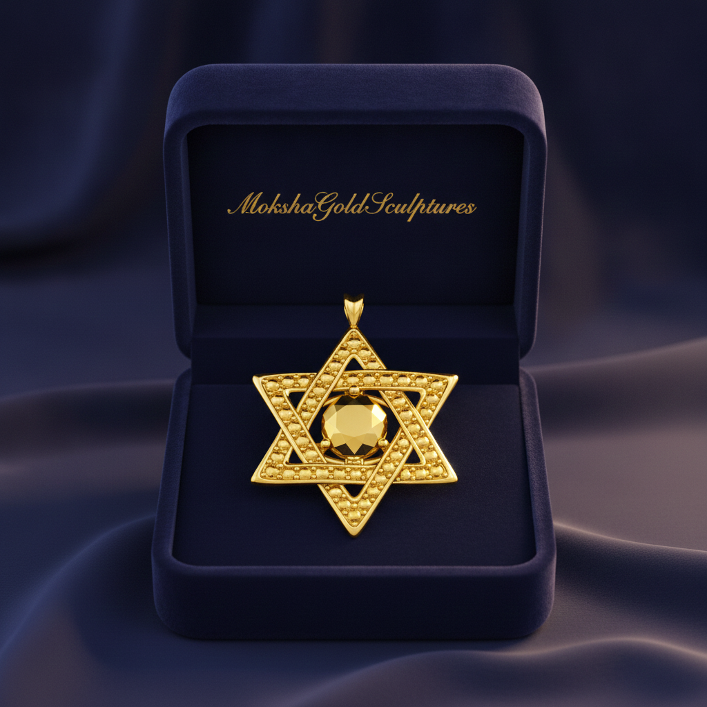Star of David Pendant Necklace in 18K gold by MokshaGoldSculptures, shown in a navy velvet box.